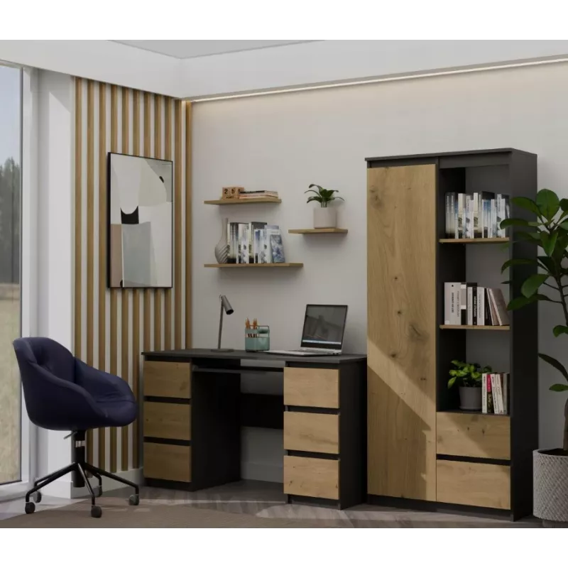 Estante de livros Top e Shop RS-80 BILY, estrutura antracite, porta carvalho Artisan, 7 prateleiras, 2 gavetas, 1800×800×350 mm