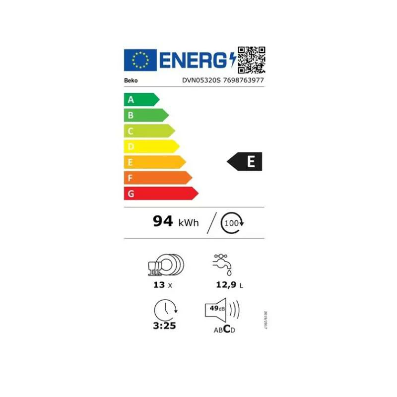 Máquina de lavar louça de instalação livre BEKO DVN05320S, classe de eficiência energética E, largura 60 cm, aço inoxidável