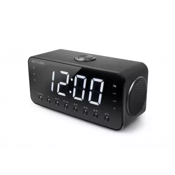 Rádio-despertador Muse M-192 CR — relógio digital, sintonizador FM, ecrã LED de 1,8 polegadas, madeira preta, AC 100–240V, backup AAA