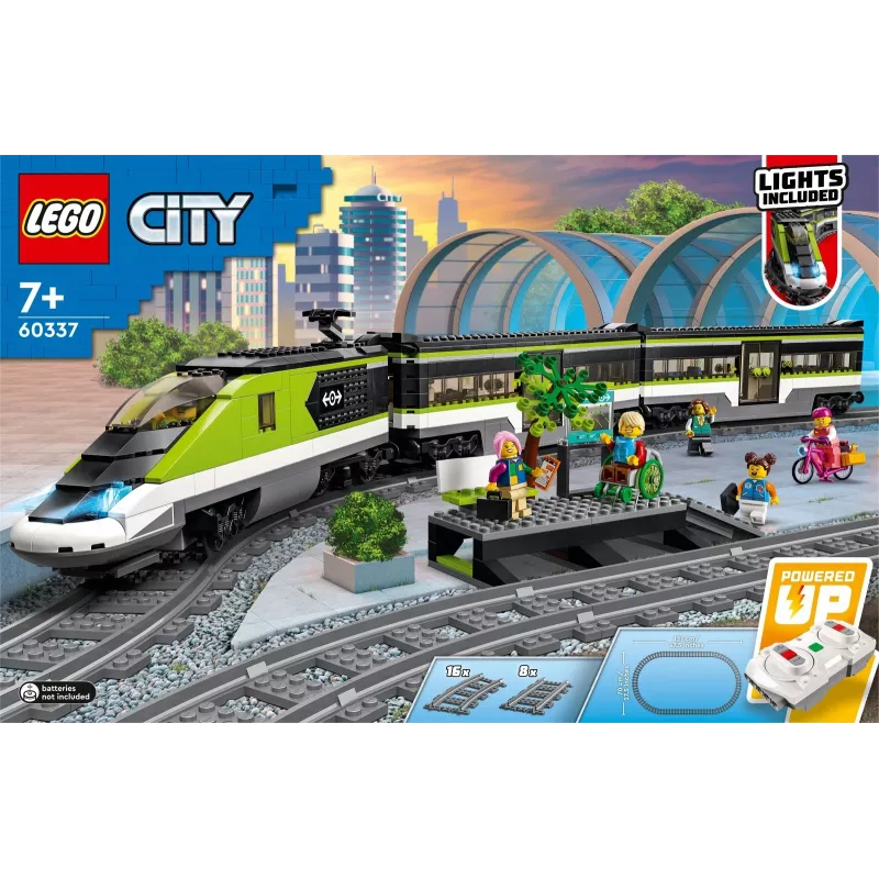 LEGO 60337 City Comboio de passageiros expresso Conjunto brinquedo telecomandado presente para crianças rapazes e raparigas com faróis funcionais 2 vagões e 24 peças de via