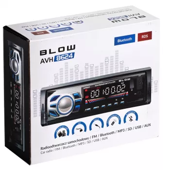 Autorrádio BLOW AVH-8624 — FM RDS, 45W RMS, Bluetooth, USB, MicroSD, AUX, visor LCD, telecomando, preto