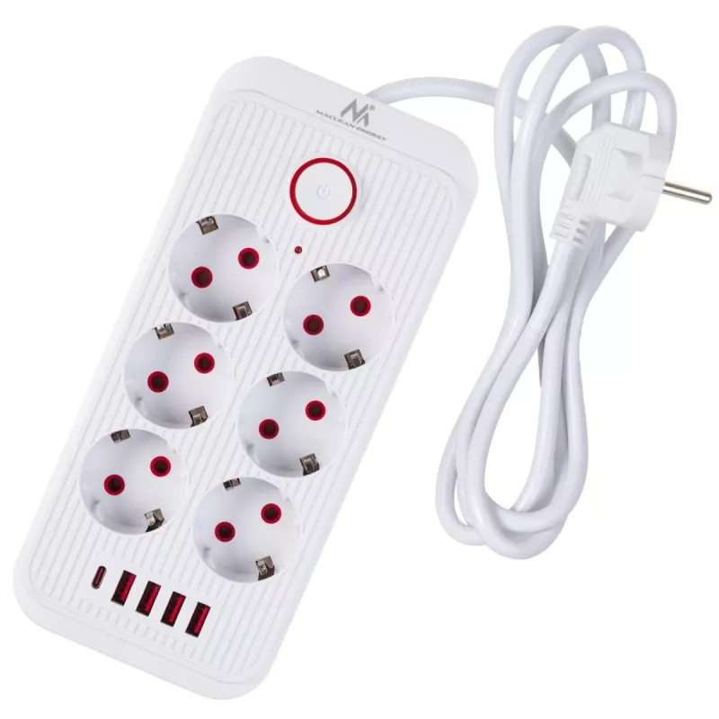 Extensão elétrica MACLEAN MCE389 W — 6 tomadas, 4×USB-A, 1×USB-C, 2500W, 110–240V, cabo de 1,5 m, branco