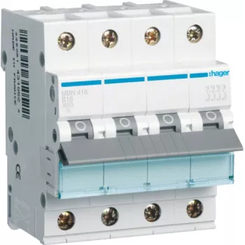 Hager MBN416. Corrente nominal: 16 A. Tipo: tipo B, número de módulos (máx.): 4 módulos. Largura: 70 mm, profundidade: 70 mm, altura: 83 mm (MBN416)