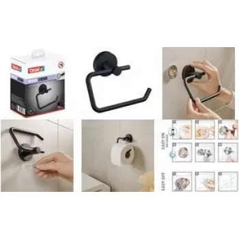 Suporte de papel higiénico Tesa Moon Black mate com solução adesiva