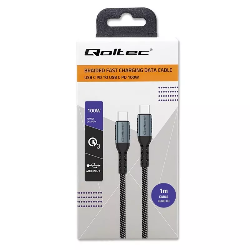 Cabo Qoltec USB 2.0 Type-C para USB 2.0 Type-C 100W QC 3.0 PD 1m Preto