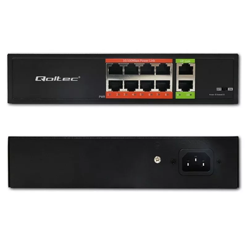 Switch de rede QOLTEC Fast Ethernet PoE 8xRJ45 com 2xRJ45 uplink