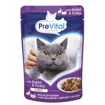Alimento húmido PREVITAL peru e coelho em geleia 100 g saqueta, gatos adultos, 7% proteína, 82% humidade