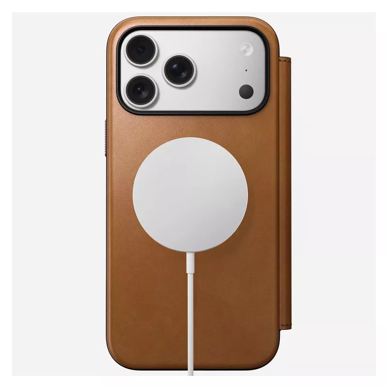 Capa tipo carteira para telemóvel Nomad Modern Leather Folio para iPhone 17 Pro Max – tan, compatível com ecrã até 17,5 cm (6,9 polegadas), 4 compartimentos para cartões