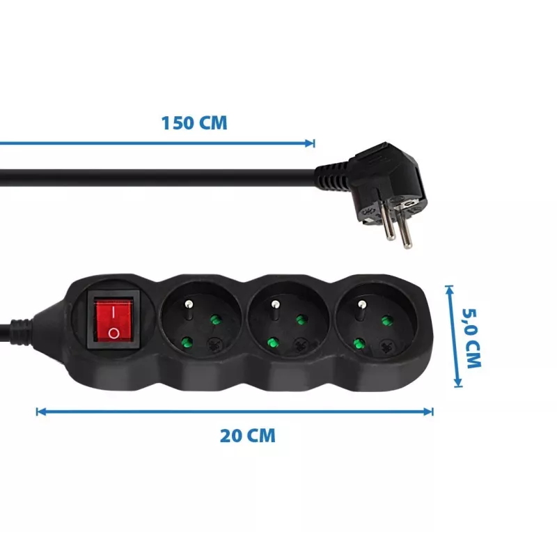 Extensão elétrica ESPERANZA ELK210K — cabo 1,5 m, 3 tomadas AC tipo E, ficha angular, interior, preto