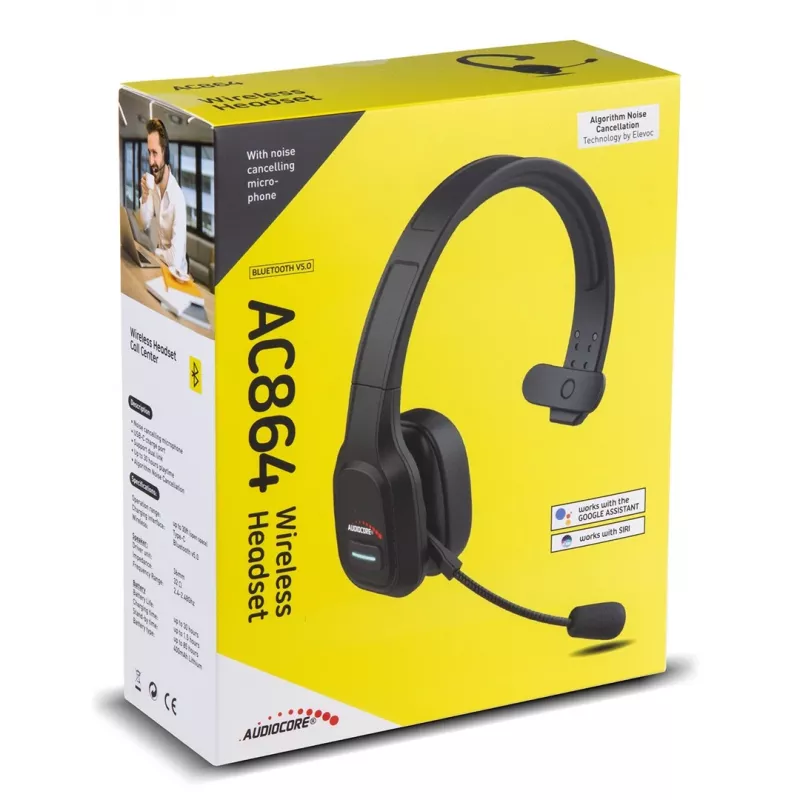 Headset Bluetooth Audiocore 74452 auscultadores cancelamento de ruído microfone call center Google Siri escritório sem fios
