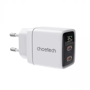 Carregador de parede Choetech PD6051 2x USB-C PD 35W GaN com ecrã - branco