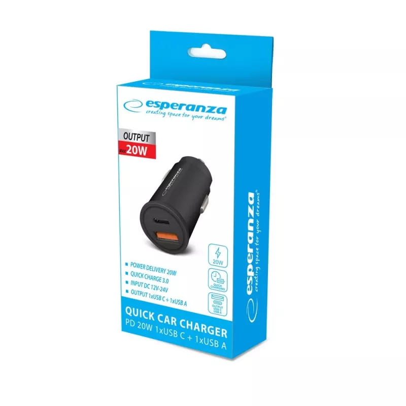 Carregador USB para automóvel ESPERANZA EZC111K, 20W (USB-C PD 20W + USB-A QC3.0), entrada 12–24V, preto