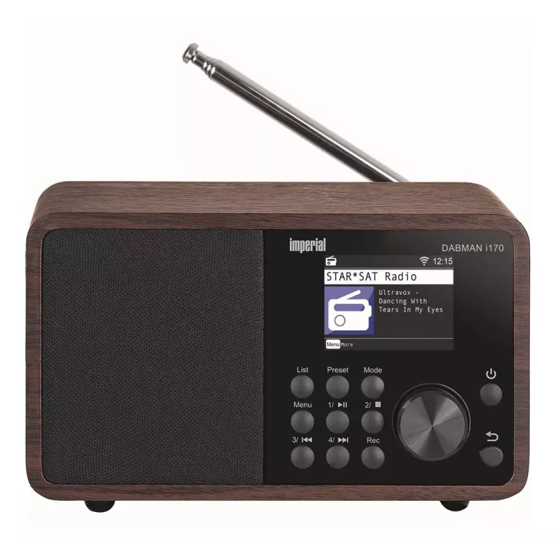 Rádio DAB+ portátil Imperial DABMAN i170 — sintonizador FM/DAB+, 10 W RMS, ecrã de 6,1 cm (2,4 inch), 3,5 mm, USB-A, preto/madeira