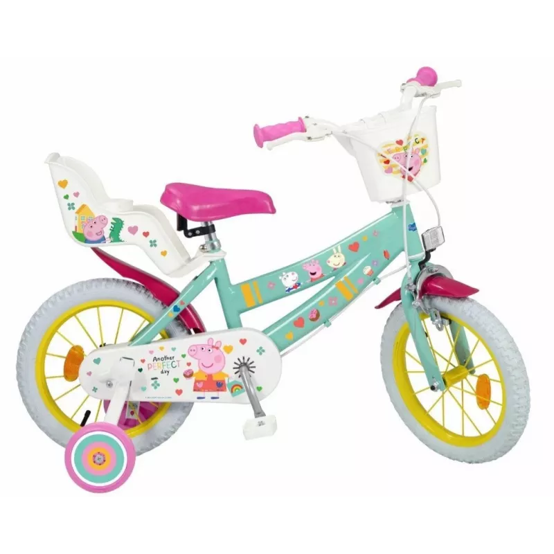 Bicicleta infantil Toimsa Peppa Pig rodas de 14 polegadas, verde, para cerca de 3–5 anos, travões de aro dianteiro e traseiro, pneus de ar