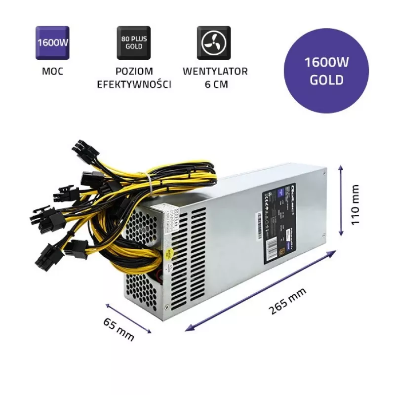 Fonte de alimentação PCI-E Qoltec 50177 Smart 1600W | 80 Plus Gold - Data Mining