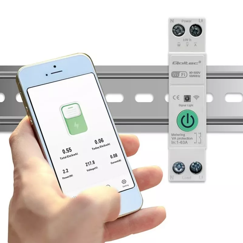 Relé Wi-Fi para calha DIN QOLTEC 50881 — Relé de comutação de rede 63A para instalações elétricas