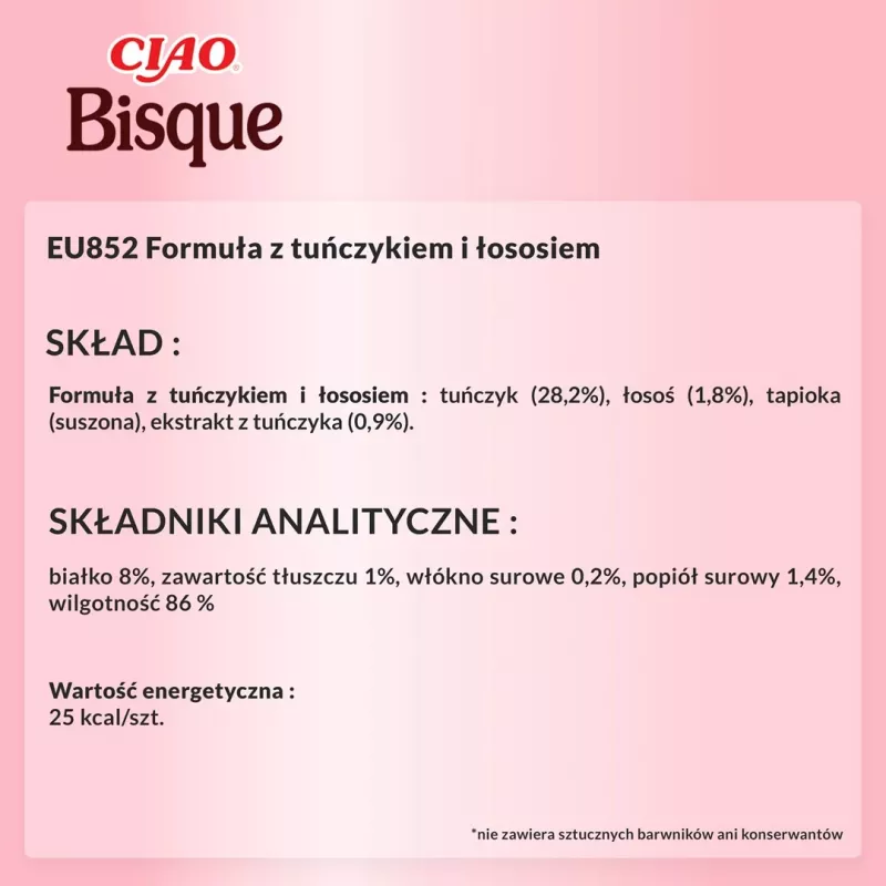 Snack húmido para gatos INABA Ciao bisque de atum com salmão 40 g — saqueta líquida com sabor a peixe, 86 % de humidade, 8 % de proteína