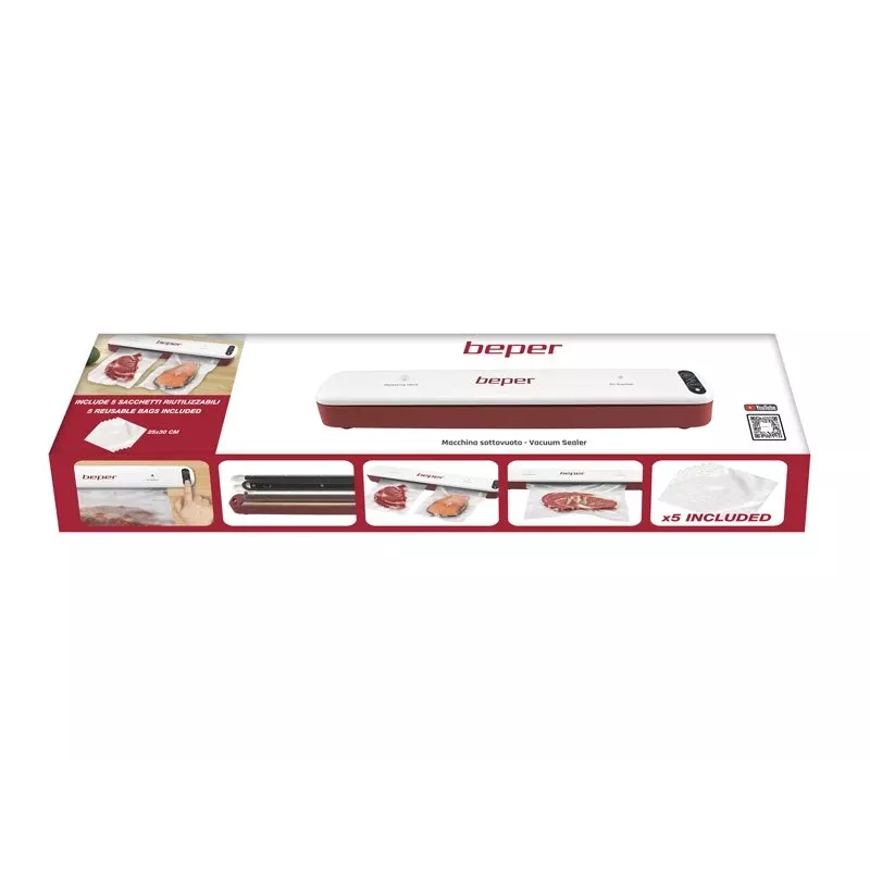 Beper P102CON001 máquina de embalar a vácuo, 85 W, sacos até 30 cm, 5 sacos de 25x30 cm incluídos, branco/vermelho