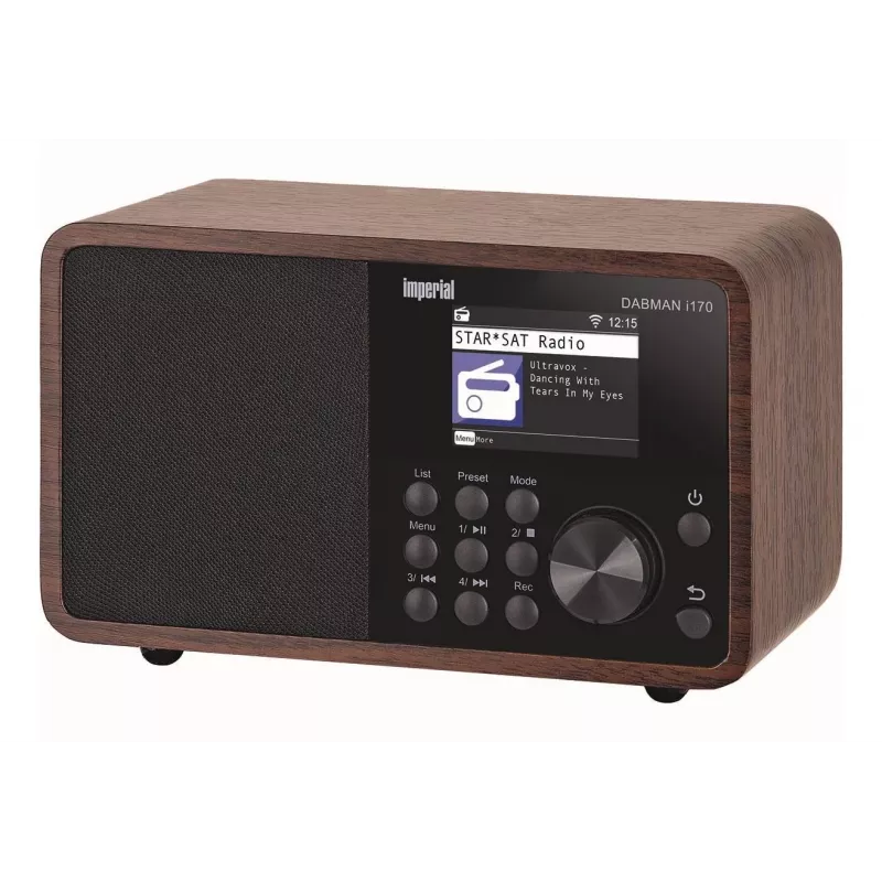 Rádio DAB+ portátil Imperial DABMAN i170 — sintonizador FM/DAB+, 10 W RMS, ecrã de 6,1 cm (2,4 inch), 3,5 mm, USB-A, preto/madeira