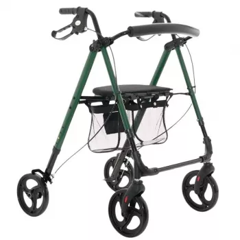 Andarilho MDH verde com assento e bolsa – estrutura de alumínio, 4 rodas, altura ajustável, carga máx. 136 kg