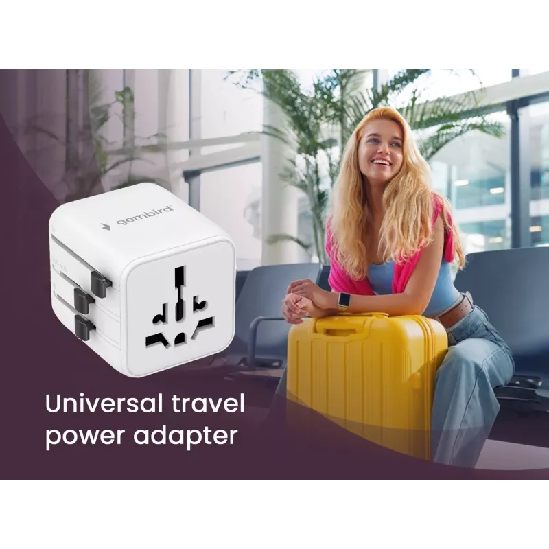Adaptador de viagem universal GEMBIRD TPA-INT-01-W — entrada 100–250 V, ficha Type-G, dimensões compactas 84×56×85 mm