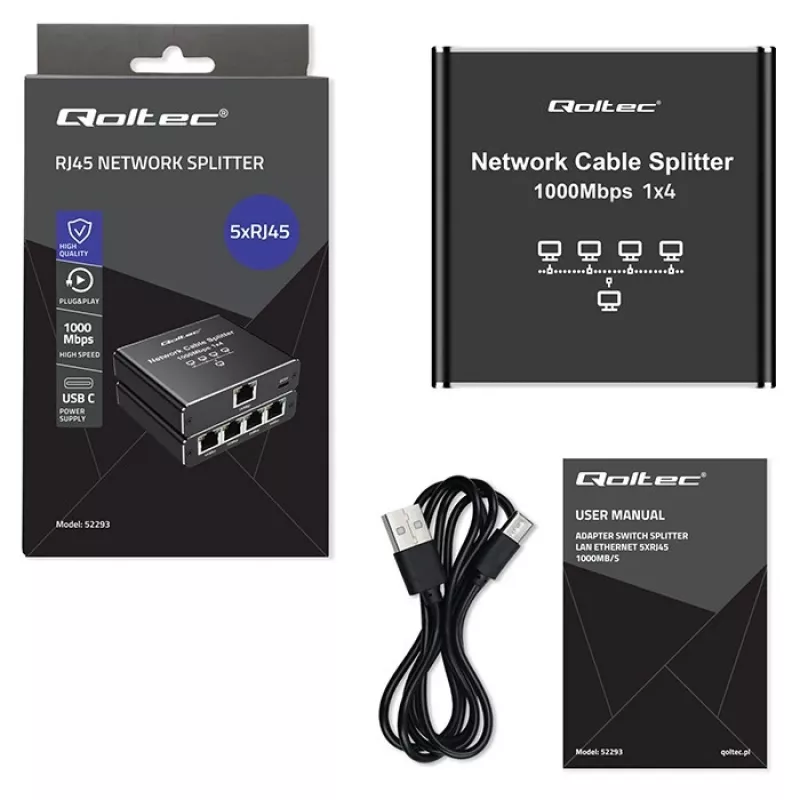 Mini switch Ethernet QOLTEC 52293 1x4 RJ45, splitter de rede não gerido 1 entrada 4 saídas
