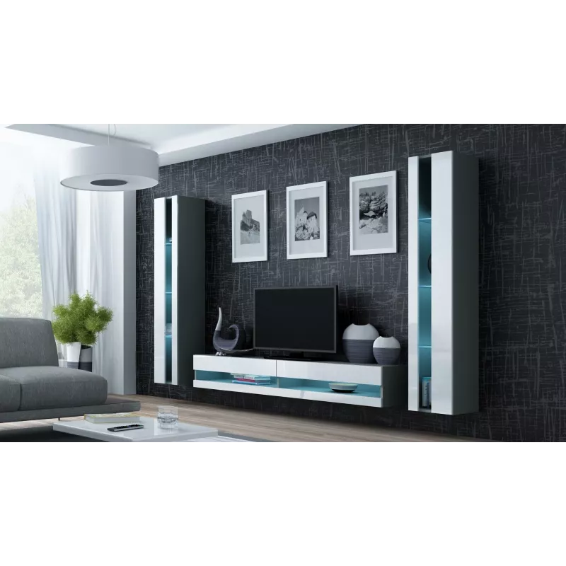 Suporte de TV Cama Meble VIGO NEW 30/140/40 — 1400×400×300 mm, tampo cinzento, aglomerado, estrutura cinzenta, frentes brancas brilhantes