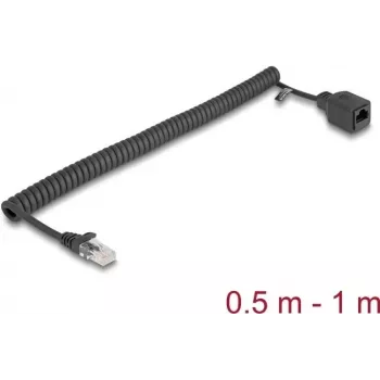 Delock Cabo espiral RJ45 macho para fêmea, Cat.5e UTP, de 0,5 m a 1 m, preto
