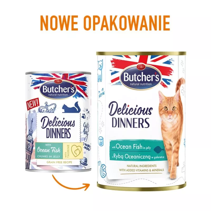 Butcher's Delicious Dinners comida húmida para gatos com pedaços de peixe do oceano em geleia, 400 g