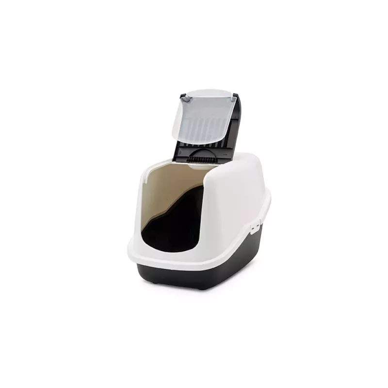 Caixa de areia para gatos com tampa Savic Nestor branco-preto 56×39×38,5 cm, plástico