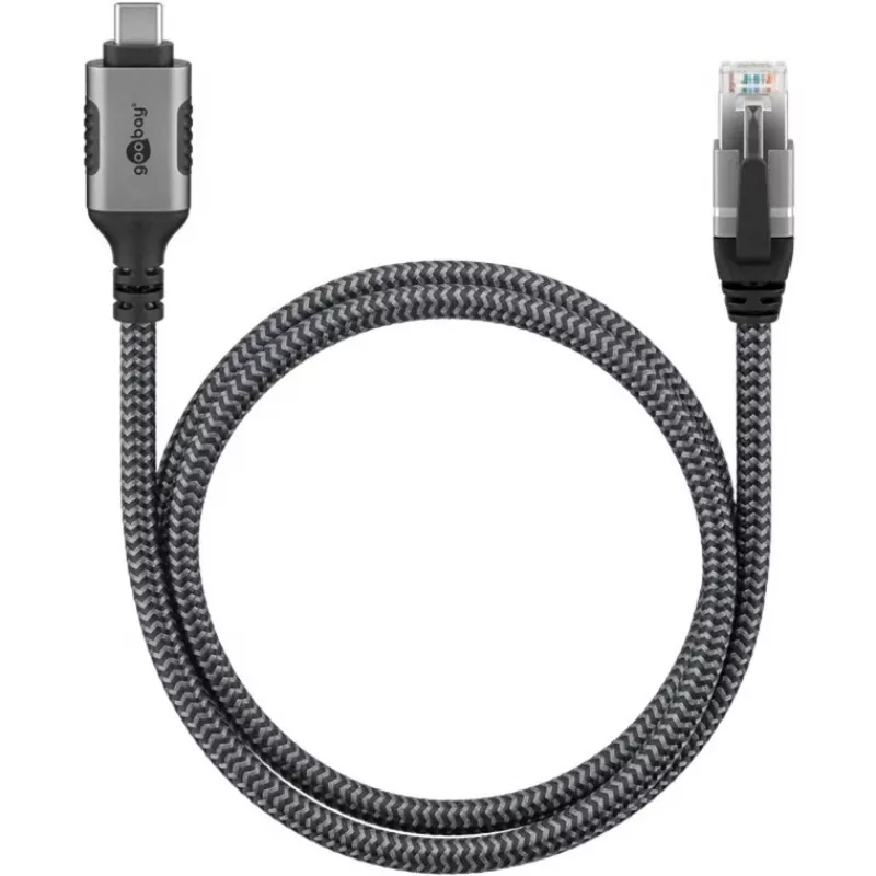 Cabo Ethernet USB-C 3.2 Gen2 macho > RJ-45 macho, adaptador LAN preto/prateado, 3 metros, revestimento têxtil entrançado