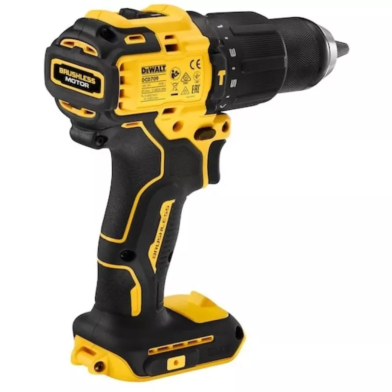 DeWALT DCD709N-XJ 18V XR berbequim aparafusador de percussão sem fios e sem escovas, 1650 rpm, 65 Nm, 340 W, bucha sem chave 13 mm, 1,2 kg, sem bateria e carregador, preto/amarelo