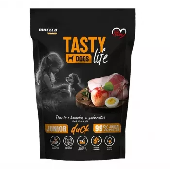 Ração húmida para cães BIOFEED Tasty Life junior 90% pato 500 g — alimento completo para o crescimento, 11,5% proteína, 8,5% gordura