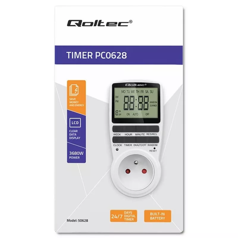 Temporizador eletrónico QOLTEC PC0628 com visor LCD, contagem decrescente de 24 horas