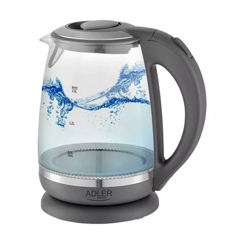 Adler | Chaleira | AD 1286 | Standard | 2200 W | 2 L | Plástico/Vidro | Base rotativa 360° | Cinzento/Transparente