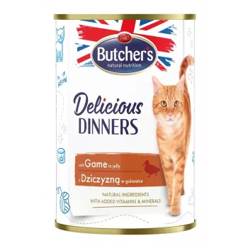 Comida húmida para gatos butcher's Delicious Dinners 400 g — Adulto, sabor a caça, 82 % humidade, 8,5 % proteína, 5,5 % gordura
