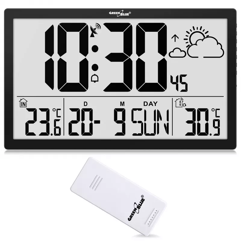 Relógio de parede GreenBlue GB218 — LCD extra grande, estação meteorológica, temperaturas interior/exterior, indicação de data