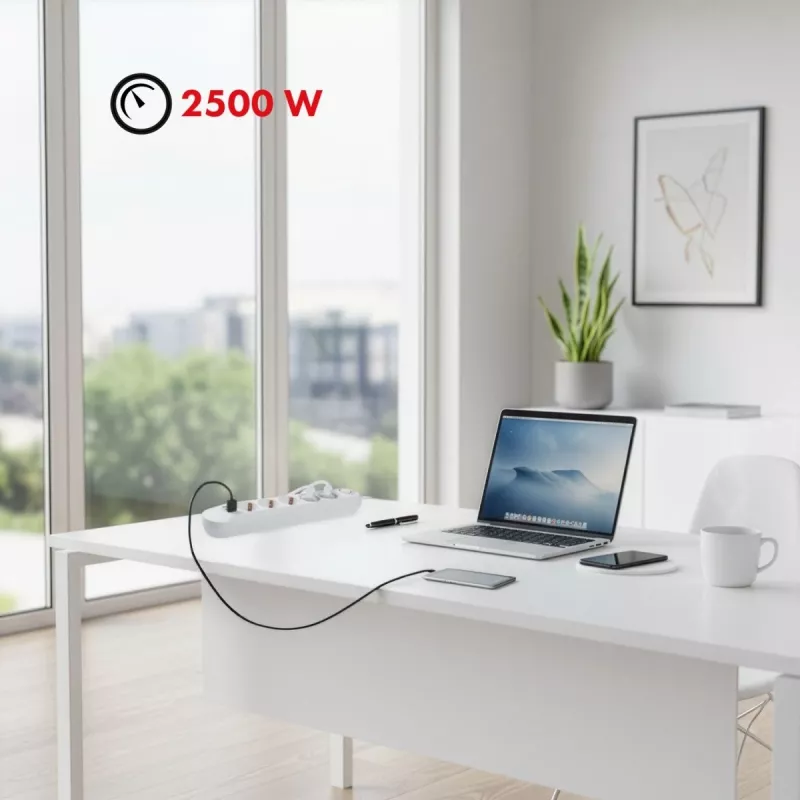 Extensão elétrica MACLEAN MCE395 W — 5 tomadas, 3× USB A, 110–240 V AC, 2,1 A USB, máx. 2500 W, branco, cabo de 1,5 m