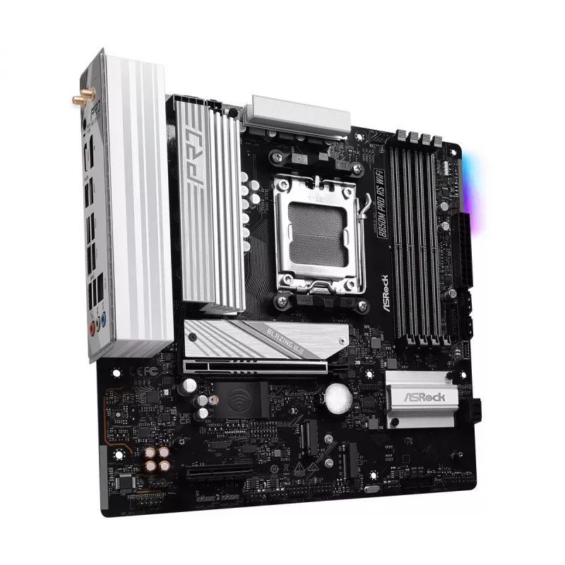 Placa-mãe ASRock B850M Pro RS WiFi — AMD B850, socket AM5, microATX, DDR5, 4 DIMM, 256GB, Wi‑Fi 6E, 2.5Gb LAN, 3x M.2