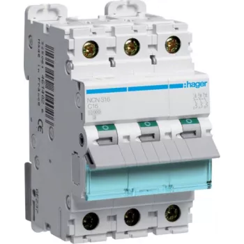 Hager NCN316. Número de polos: 3P. Frequência de entrada AC: 50/60 Hz, corrente nominal de saída: 16 A (NCN316)