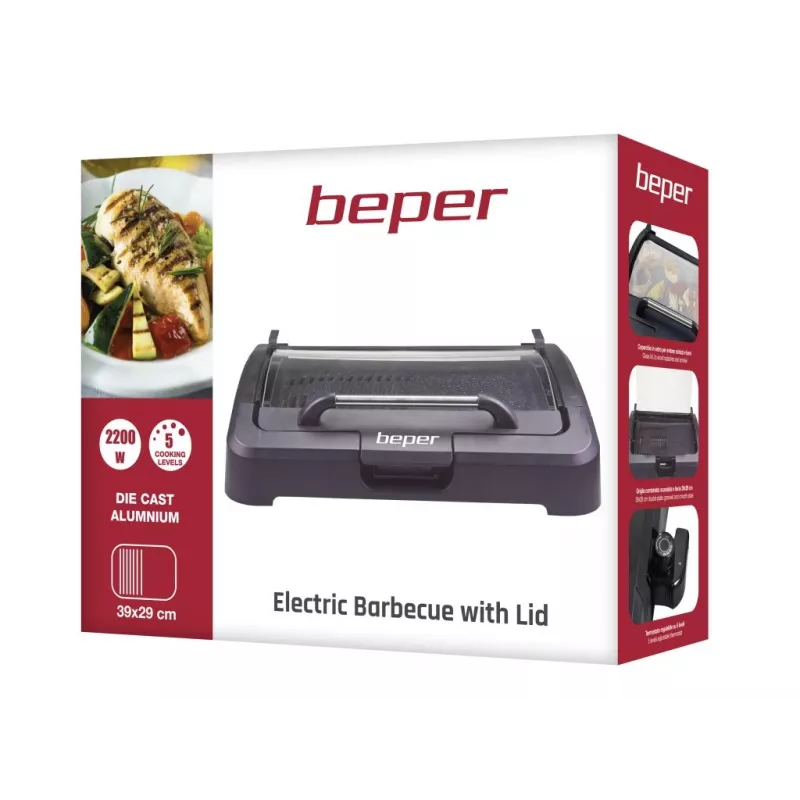 Beper 90.871 grelhador elétrico, placa antiaderente de 39 x 29 cm, tampa de vidro, 2200 W, preto