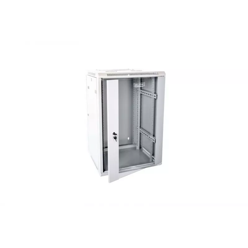 Armário de rede de parede 19 15U 600x600, porta de vidro, cinzento, design dividido, montado, 60kg