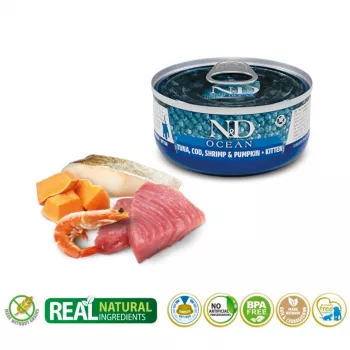 Comida húmida para gatos Farmina N&D Ocean Kitten atum, bacalhau e camarão com abóbora 70 g lata