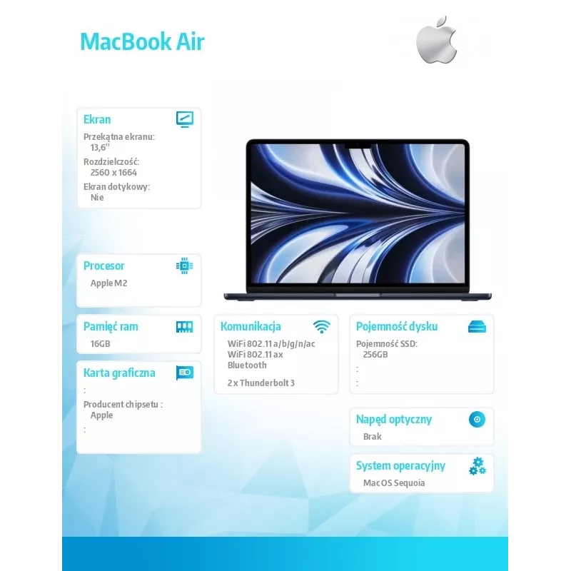 MacBook Air 13,6: M2 8/8, 16 GB, 256 GB – Mitternacht