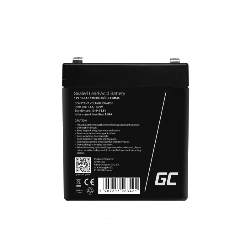 Bateria AGM45 Green Cell UPS, chumbo-ácido selada (VRLA), 12 V, 5,3 Ah