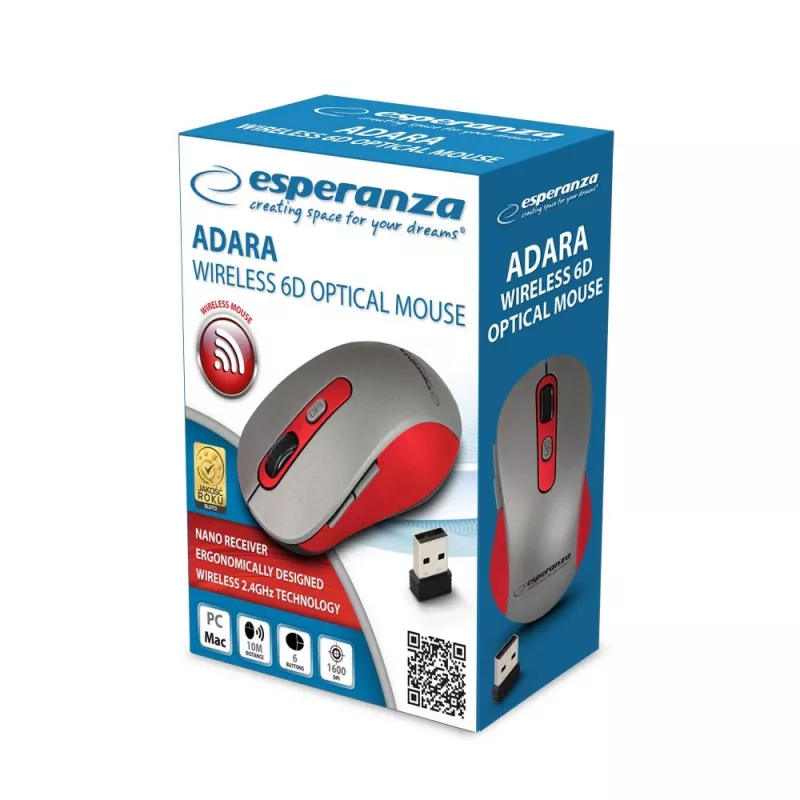 Rato ótico sem fios ESPERANZA EM131R 2,4 GHz, 1600 DPI, ambidestro, recetor nano USB, 6 botões, cinzento