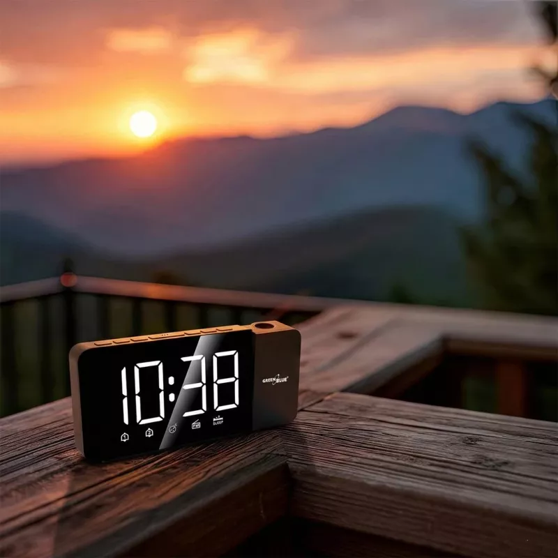 Rádio-relógio LED digital GreenBlue GB172 com sintonizador FM, projetor, termómetro, alimentação USB 5V e CR2032