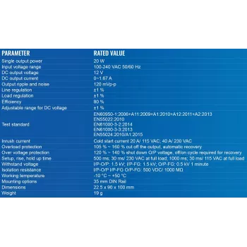 Fonte de Alimentação TELTONIKA PR3PDNP0, Interior 20 W, Entrada 100–240 V, 50–60 Hz, Compacta 22,5×90×100 mm, azul/branco