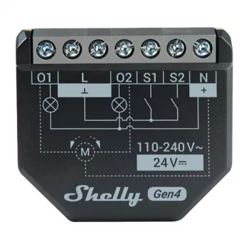Atuador de estores/persianas Shelly 2PM Gen4 2 canais, AC 110–240V, 2,4 GHz Wi‑Fi, 1,4 W, 8000 KB Flash