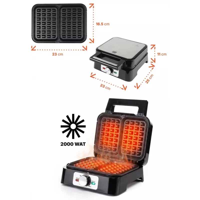 Máquina de waffles PROMIS WAP1600 – 2 porções retangulares, placas, 1200 W, antiaderente, termostato, punho que não aquece, indicadores LED